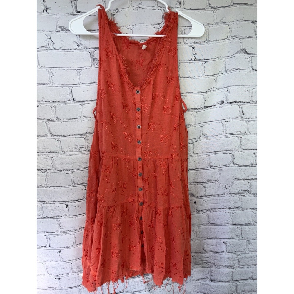 Free People Summer Boho Gauze Dress Womens Sz XS Orange + Floral Embroidery